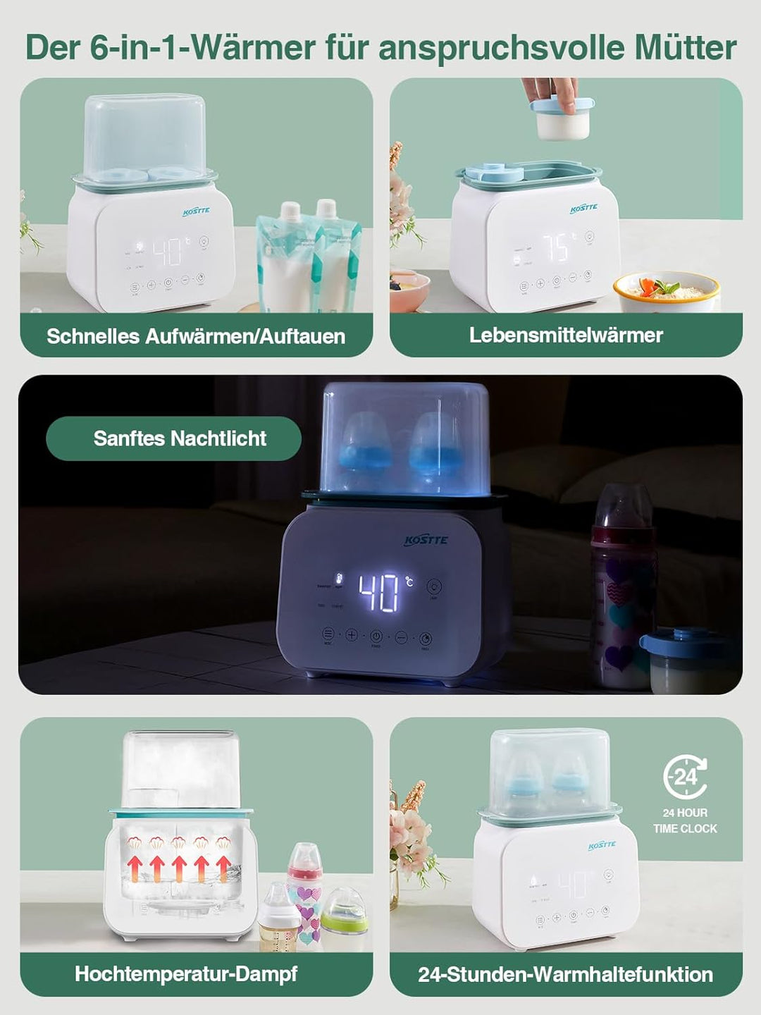 KOSTTE Flaschenwärmer Baby - Flaschenwärmer für 2 Flaschen - Babykostwärmer mit Temperatur - BPA-fre