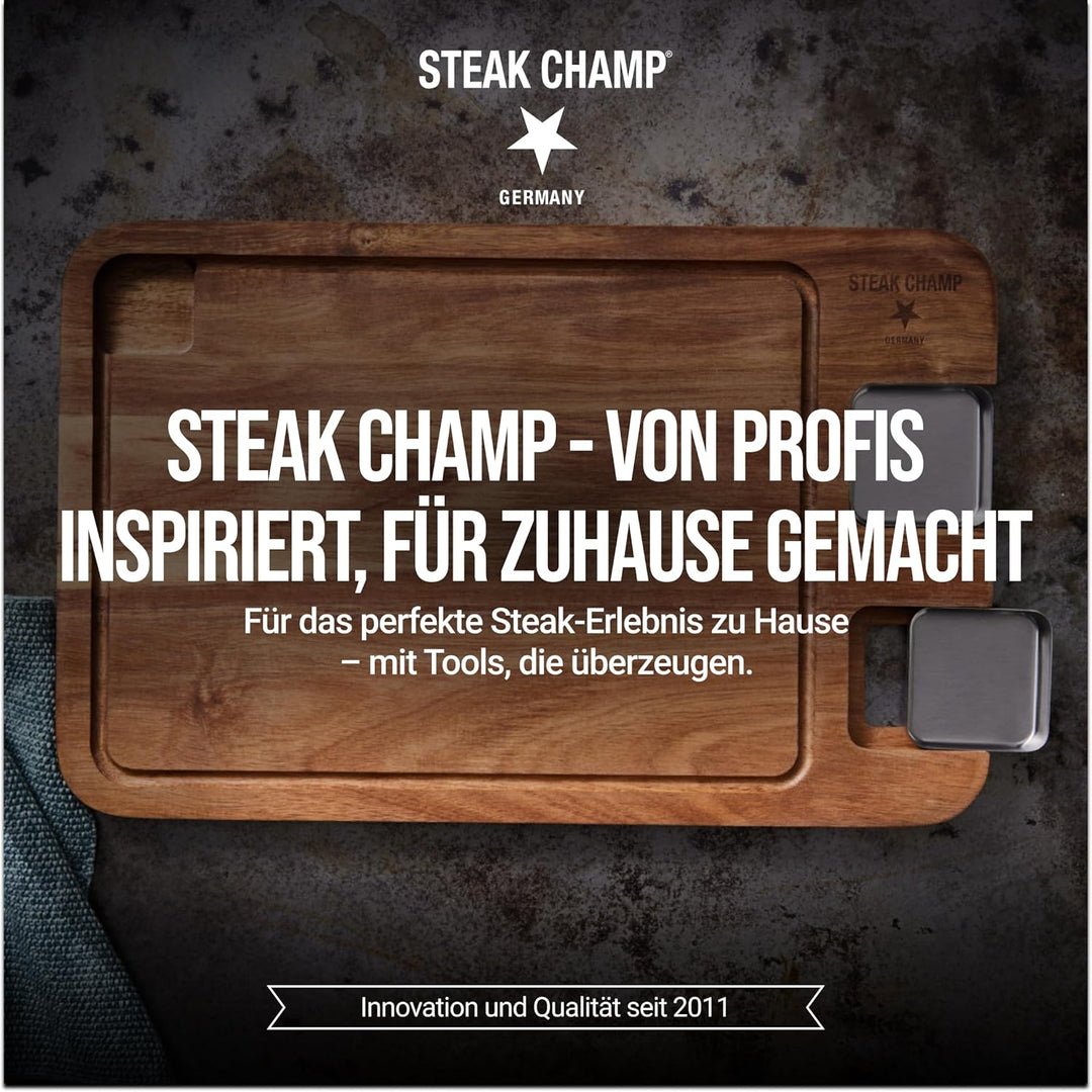 Steak Champ Premium Essbrett aus Akazie mit Sauciere: Servierbrett für Steak aus Holz ohne Gravur, o
