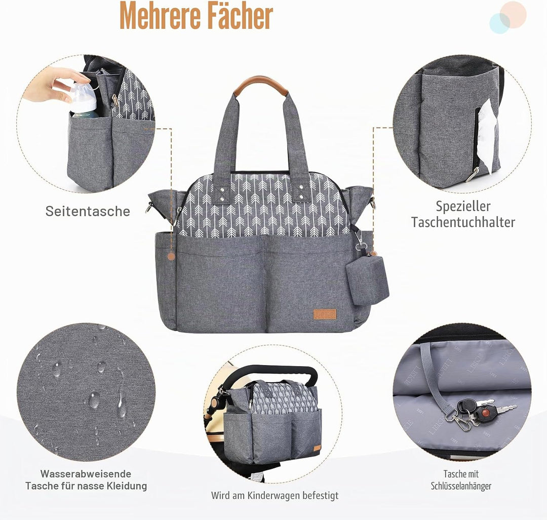 Lekebaby Baby Wickeltasche Bote gross mit Wickelunterlage für Reise, Grau, Grau