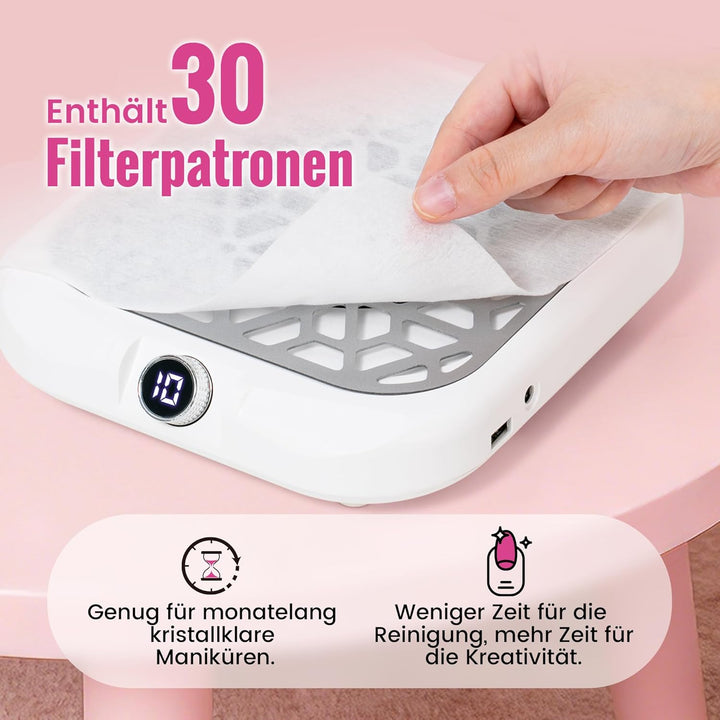 Nagelstaubsauger – Staubabsaugung für Nägel mit LED-Display, 10 Saugstufen (1600PA), inkl. 30 Filter