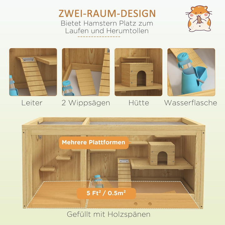 PawHut Hamsterkäfig aus Holz, 100 cm Kleintierstall, Kleintierkäfig Spielhaus für Gerbils Nagerkäfig
