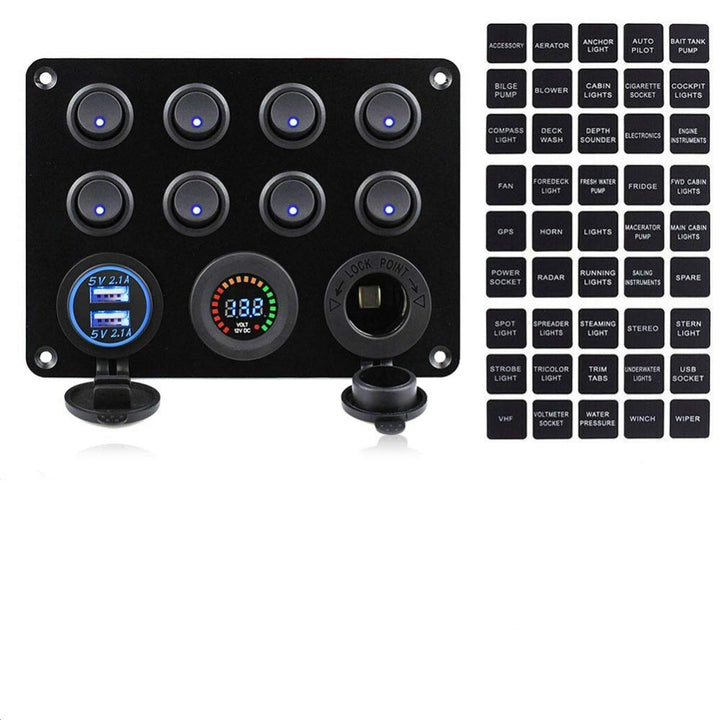 KAOLALI 12V/24V Schalter Panel, Dual-USB-Ladegerät LED Voltmeter Zigarettenanzünder 8 Kippschalter E