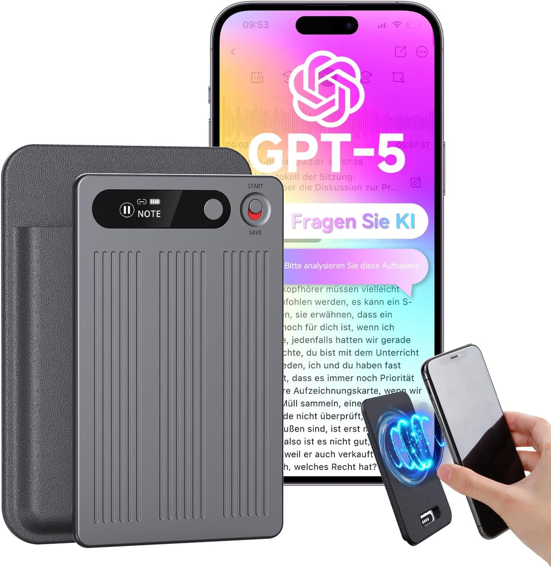 KI Digitales Diktiergerät mit Hülle, Transkribieren und Zusammenfassen, App-Steuerung, One-Touch-Auf