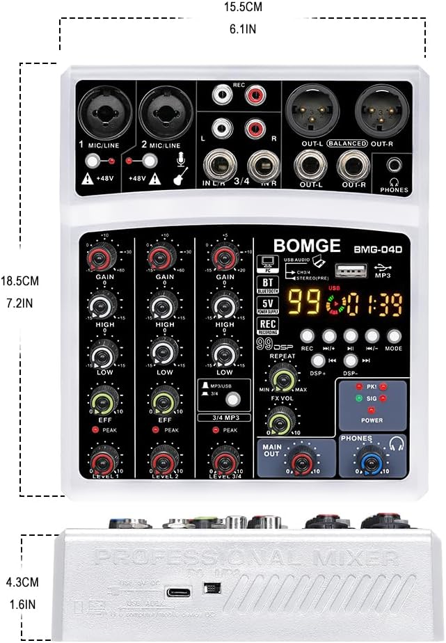 BOMGE DJ-Audio-Mischpult, 4-Kanal, 16 DSP Echo, Sound-Schnittstelle, Mischkonsole, Karaoke, mit MP3,