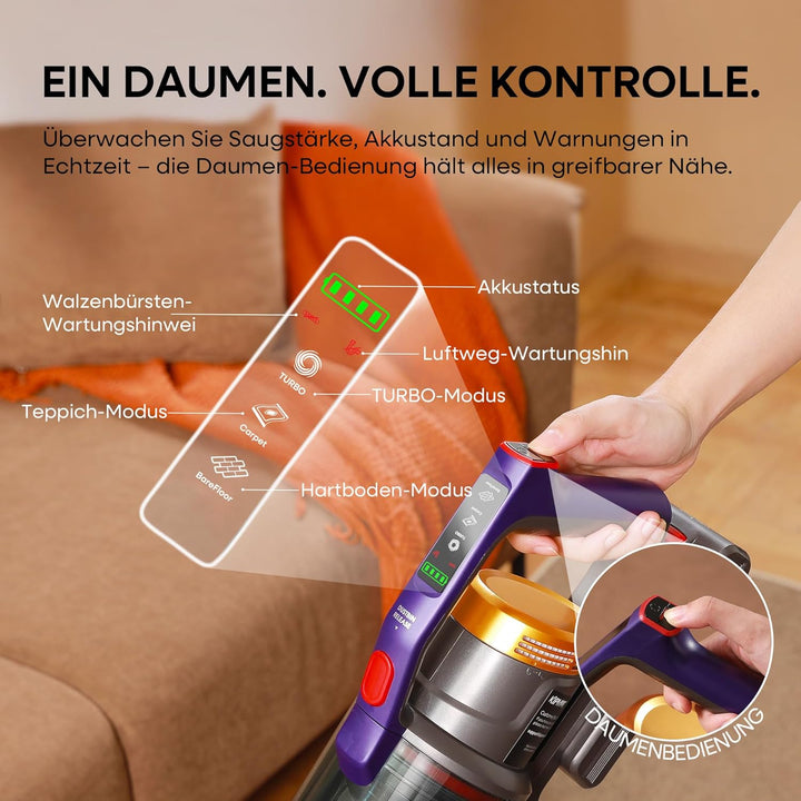 KIPMAX Akku Staubsauger 50000Pa/550W/70Min,1.5L Staubsauger Kabellos mit Display,Anti-Tangle-Bürste,