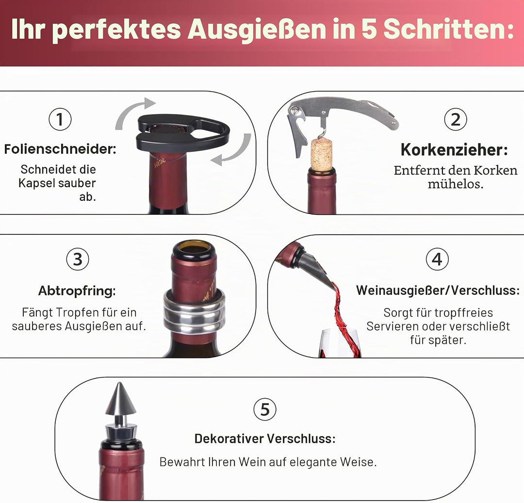Kato Wein Accessories Geschenkset -Weinflaschen-Korkenzieheröffner-Kit, Tropfring, Folienschneider,