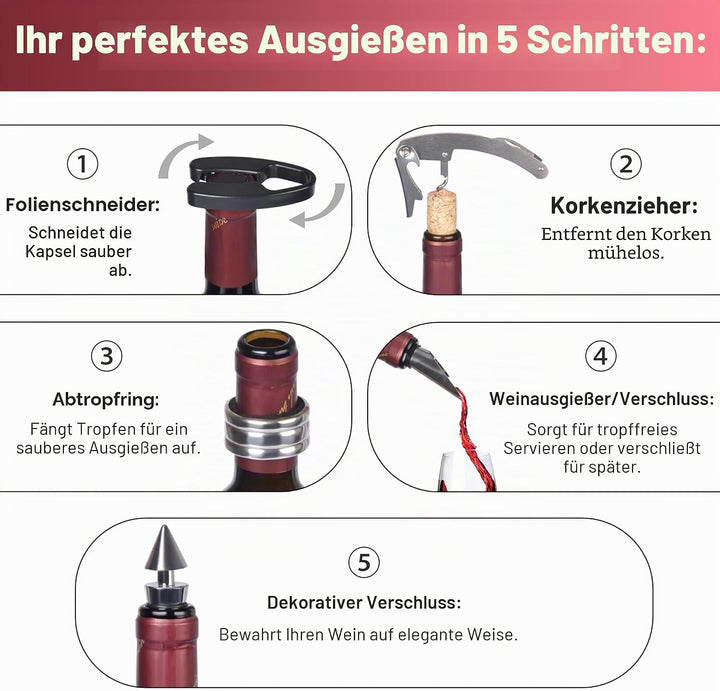 Kato Wein Accessories Geschenkset -Weinflaschen-Korkenzieheröffner-Kit, Tropfring, Folienschneider,