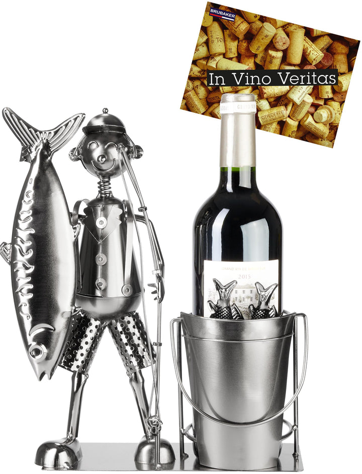 BRUBAKER Weinflaschenhalter „grosser Fang“ Angler mit Fisch, Angel und Eimer - Metall Flaschenhalter