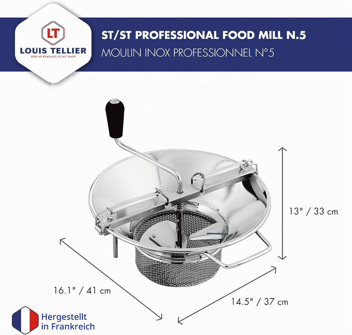LOUIS TELLIER Professionelle Edelstahl-Lebensmittelmühle – inklusive 3 mm Scheibe – hohe Produktivit