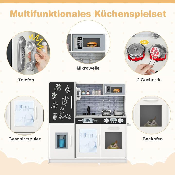 COSTWAY Kinderküche inkl. Zubehör, Spielküche Holz mit Tafel & Mikrowelle & Eismaschine, Spielzeugkü