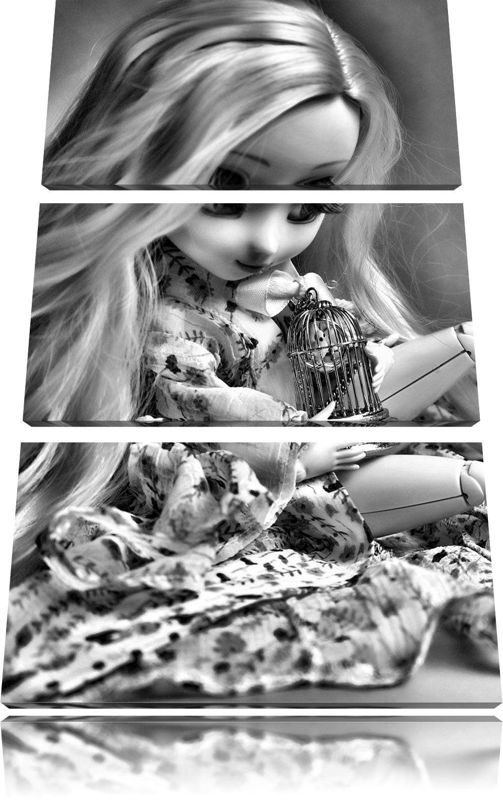 Pixxprint Monocrome, Blonde Pullip-Puppe mit Vogelkäfig 3-Teiler Leinwandbild 120x80 Bild auf Leinwa
