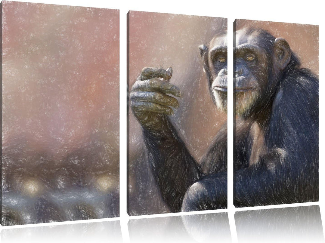 Pixxprint Aufmerksamer Schimpanse Kunst Buntstift Effekt 3-Teiler Leinwandbild 120x80 Bild auf Leinw