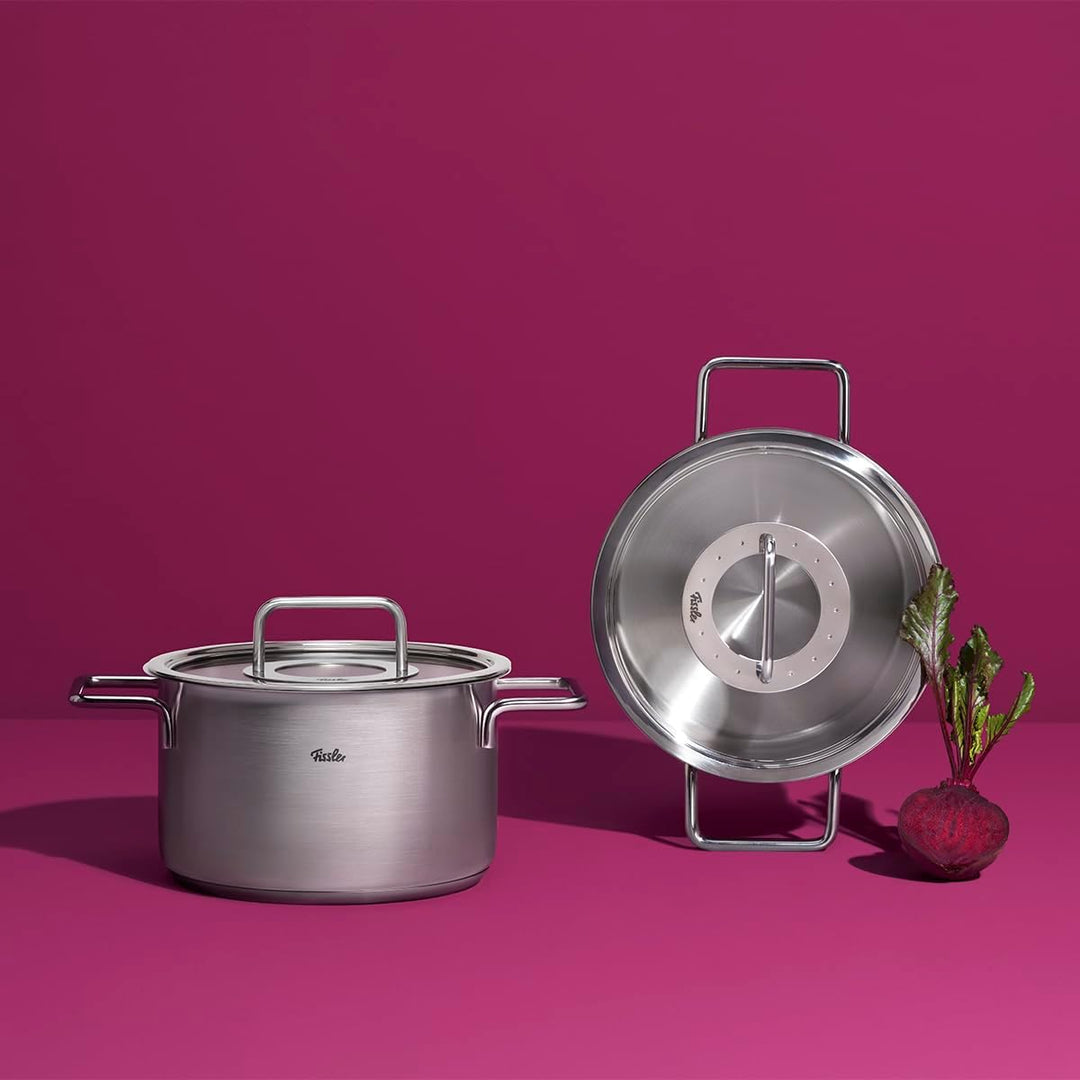 Fissler Pure Collection/Edelstahl-Kochtopfset, 4-teilig, Töpfe mit Metall-Deckel (3 Kochtöpfe,1 Brat