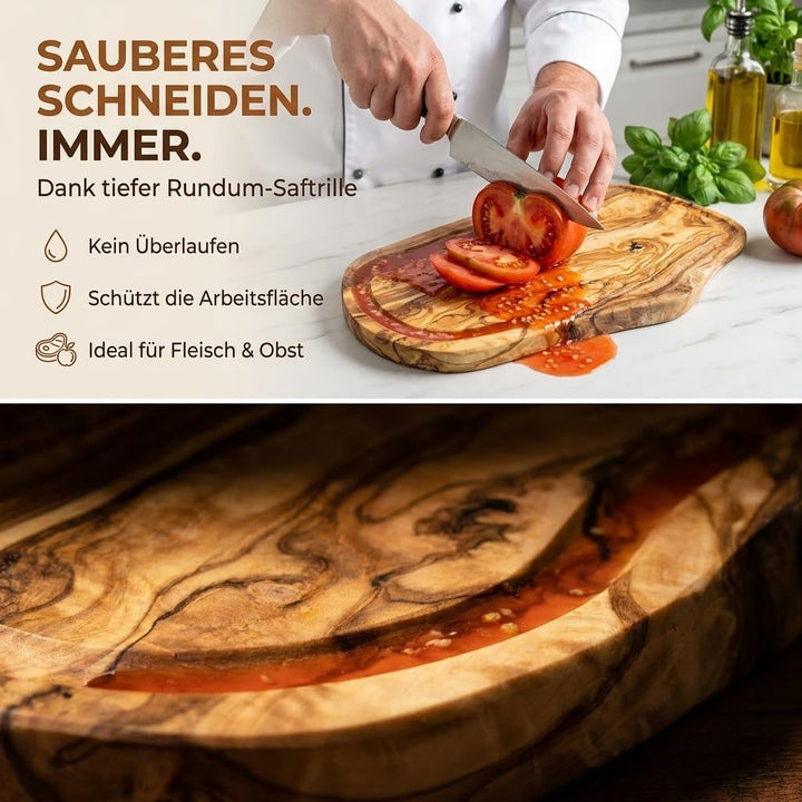 Schneidebrett personalisiert, Olivenholz - Rustikales Holzbrett mit Gravur und umlaufender Saftrille
