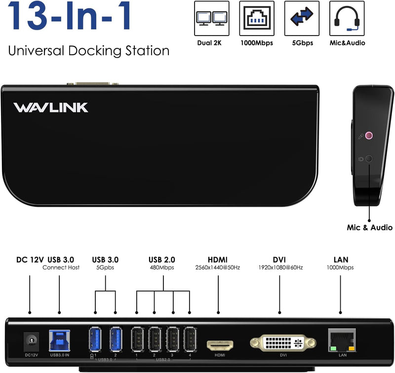 WAVLINK USB 3.0 / USB C Universelle Laptop-Dockingstation, Dual-HDMI-Monitor für Windows und Mac, (D