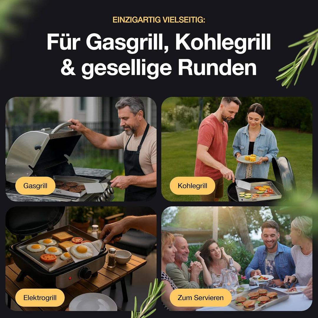 NTG - Grillplatte aus 4mm rostfreiem Edelstahl [40 x 30cm] - Plancha mit Fettablauf und Grillspachte