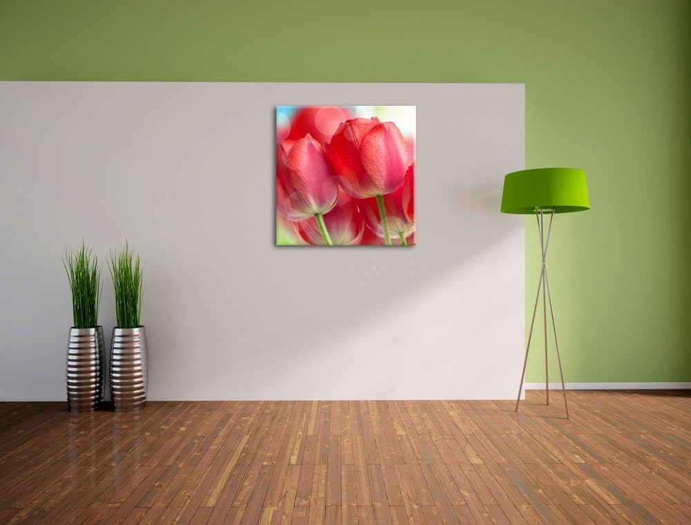 Pixxprint Rote Tulpen, Format: 70x70 auf Leinwand, XXL riesige Bilder fertig gerahmt mit Keilrahmen,