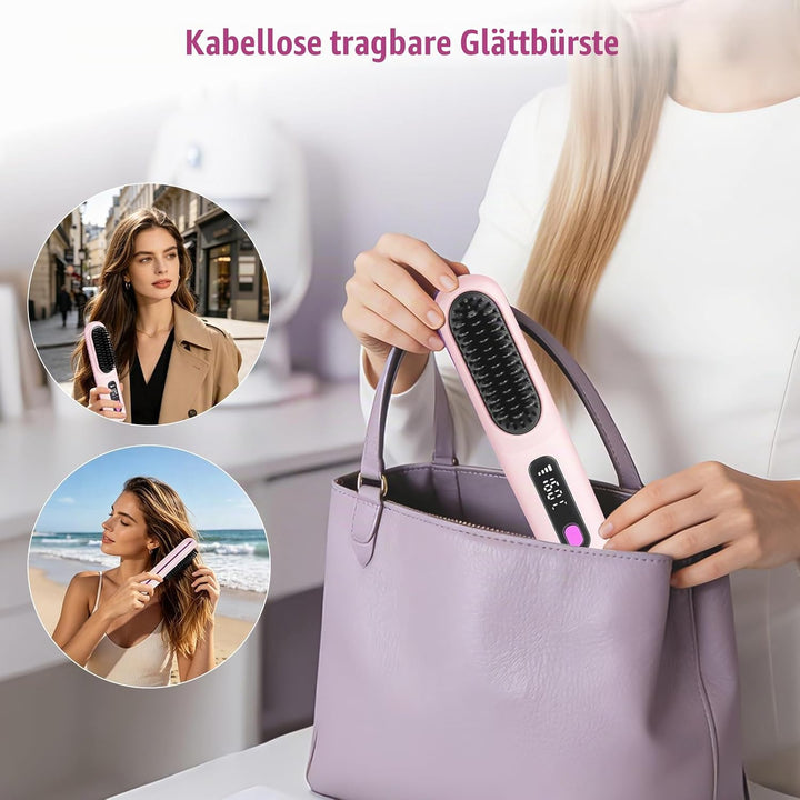 Mini Haarbürste Elektrisch, Glättbürste Kabellos, Stylingbürste für Kurze Haare, Elektrische Haarglä