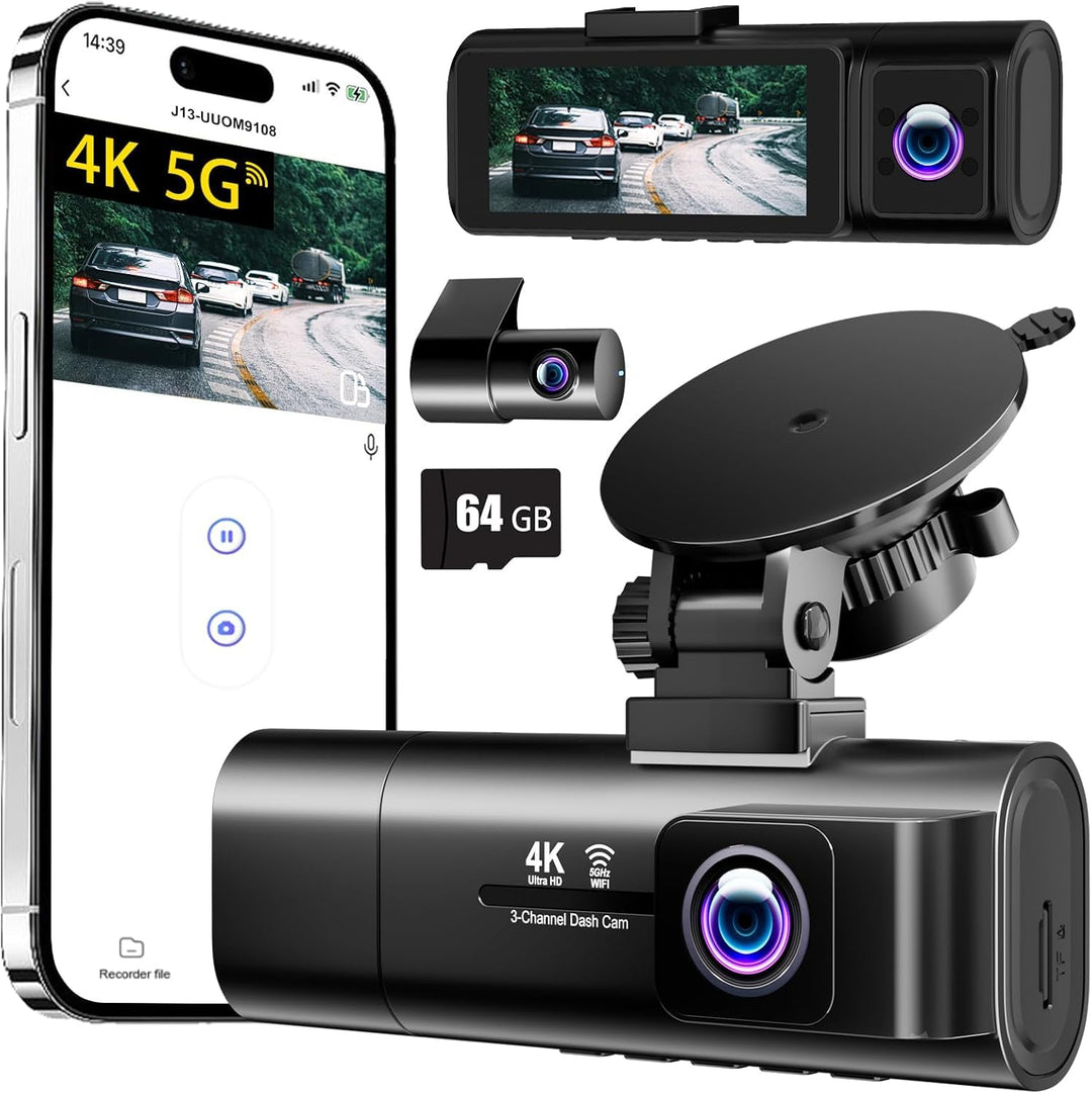 3-Kanal Dashcam Auto 4K+1080P+1080P Vorne Innen Hinten, 3,16" IPS Bildschirm, 5G WLAN mit 64GB SD-Ka