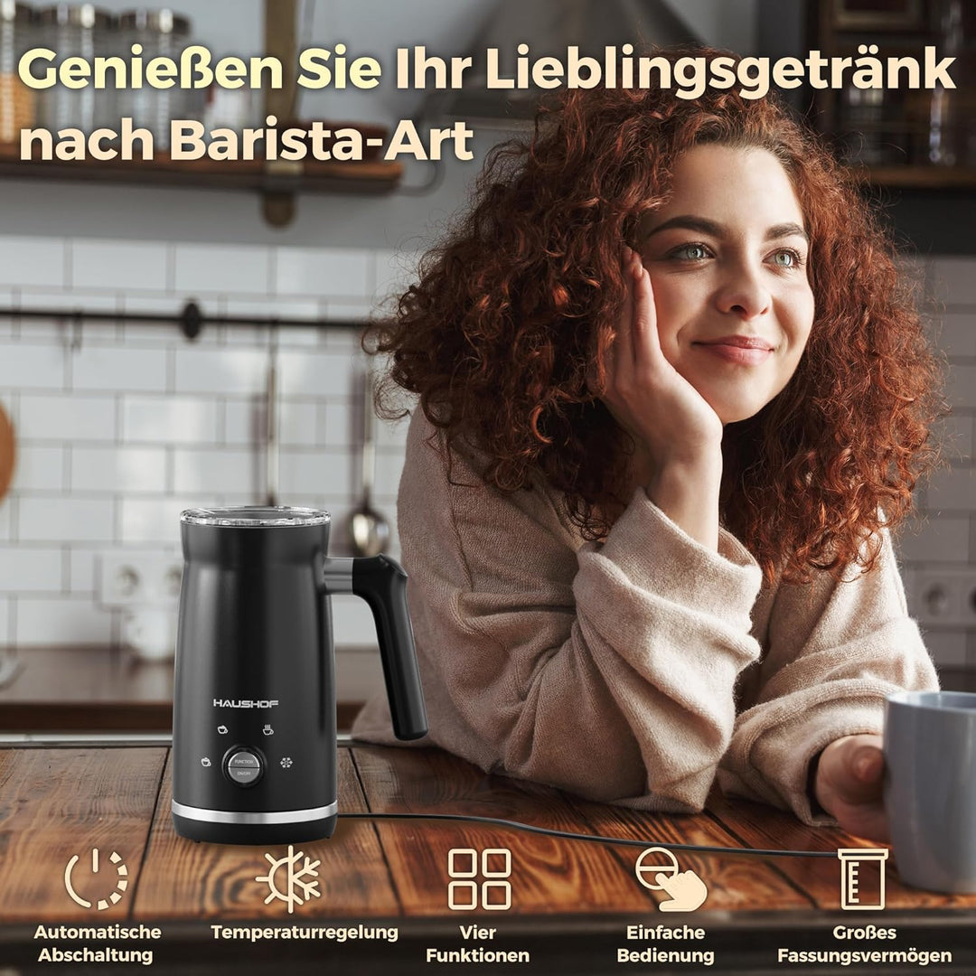 HAUSHOF Elektrischer Milchaufschäumer, 4 in 1 Elektrischer Milchdampfgarer, Automatische Milchschäum