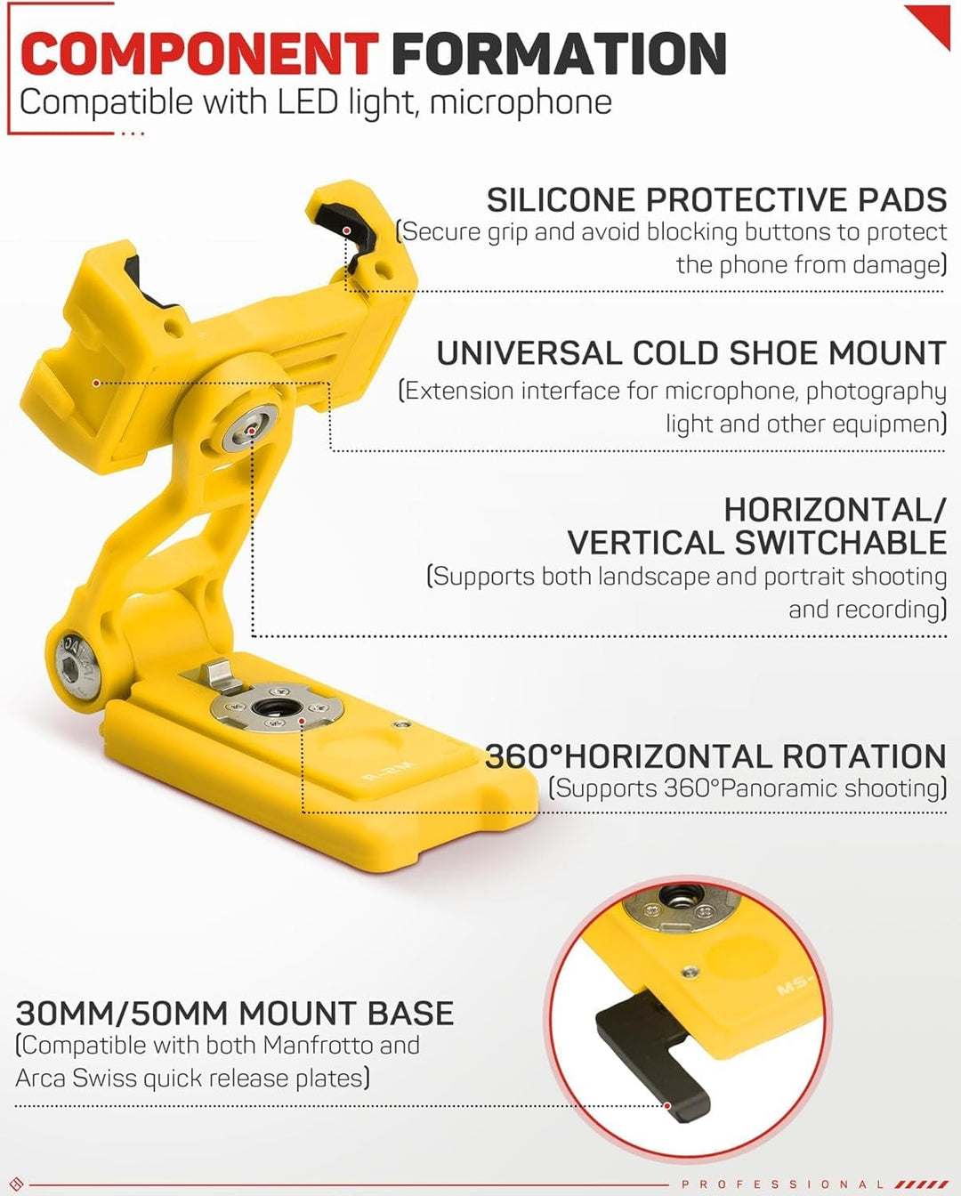 IFOOTAGE Handy Phone Mount Adapter,Faltbare Handyhalterung Stativ mit Kaltschuh, 38 mm Arca-Swiss-Pl