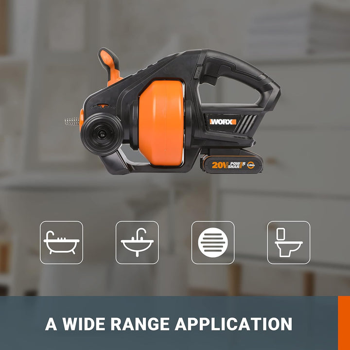 WORX Akku Abflussreiniger 18V(20V Max) PowerShare, 7,6 m Teleskopspirale, entstopft Rohre von 19-76