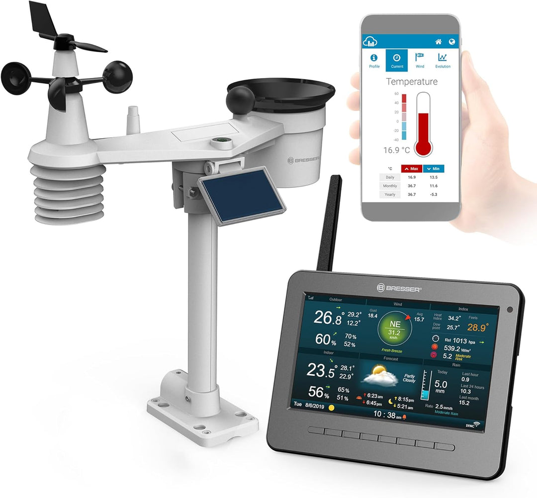Bresser WLAN HD TFT Funk Wetterstation mit Profi Sensor und Regenmesser zur Messung von Wind, Luftfe