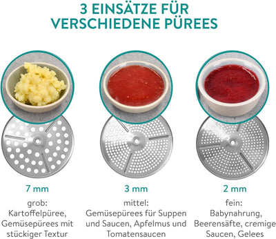 Navaris Passiergerät aus Edelstahl mit 3X Siebeinsatz - Passiermühle für Suppe Marmelade Baby Brei S