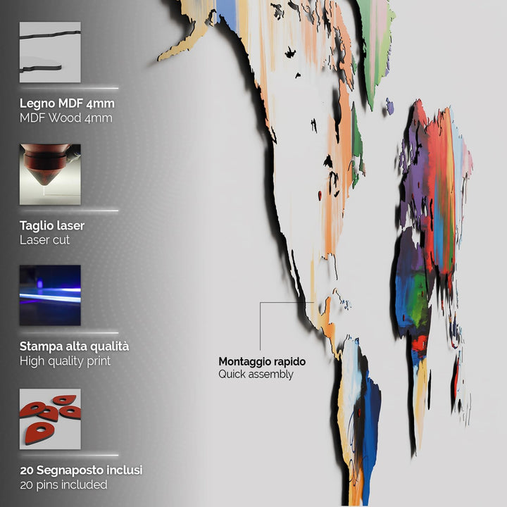 - WELTKARTE - SONDERAUSGABE - ABSTRAKTE FARBEN - MDF HOLZWANDDEKORATION - 130x72 CM 130x72cm Abstrak