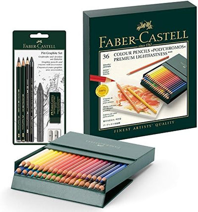 Faber-Castell 110092 - Farbstifte Polychromos 36er Atelierbox und Pitt Graphite Zeichenset Polychrom