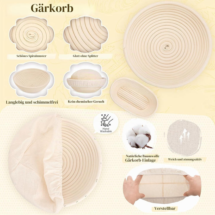 Gärkorb Brot,Sauerteig Starter Set,Brotbackzubehör Kit,Brot Backen Zubehör für Anfänger,Gärkörbchen