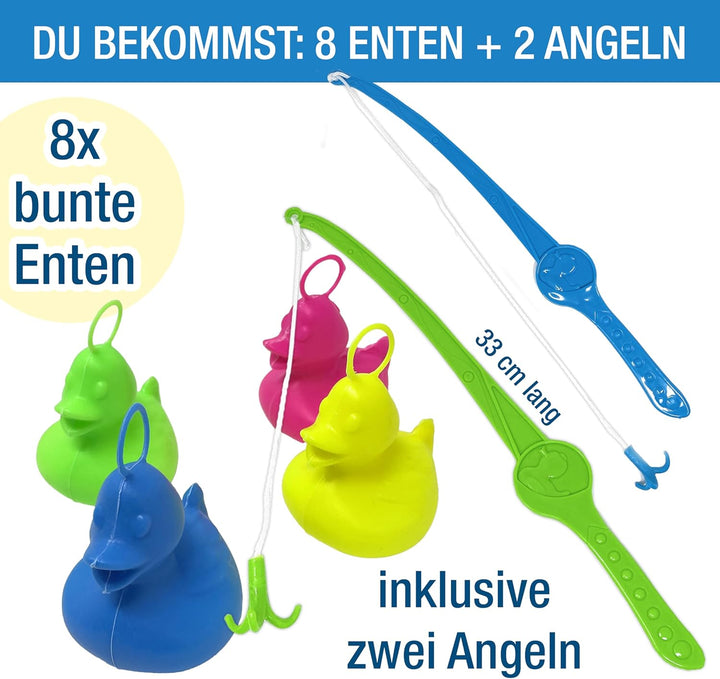 AMLI Enten Angeln | 8X bunt Entchen mit Öse & Gewicht | Inkl. 2 Angeln | Entenangeln Spiel Wasser gr