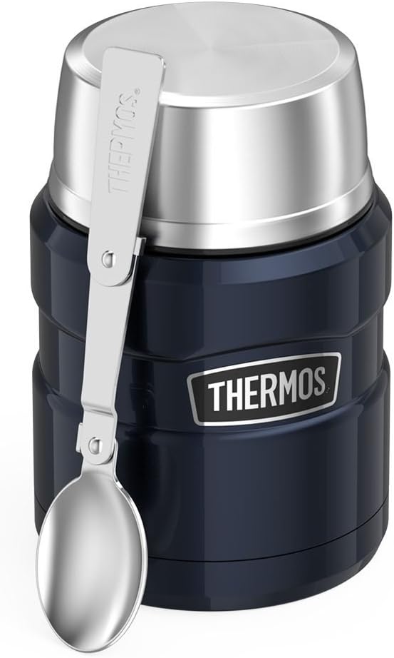 THERMOS Stainless King Vakuumisoliertes Lebensmittelglas mit Löffel, 473 ml, Mitternachtsblau Rot/Au