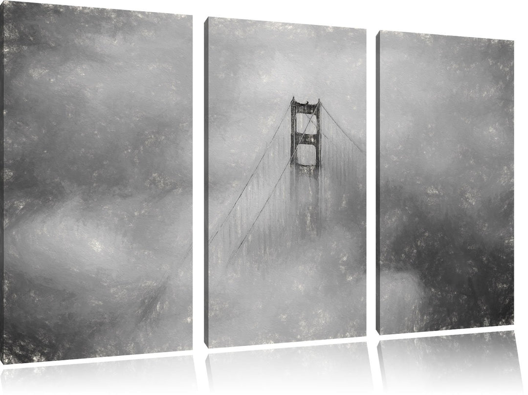 Pixxprint Golden Gate Bridge über den Wolken / 3-Teilig/Gesamtmass 120cm Leinwandbild bespannt auf H