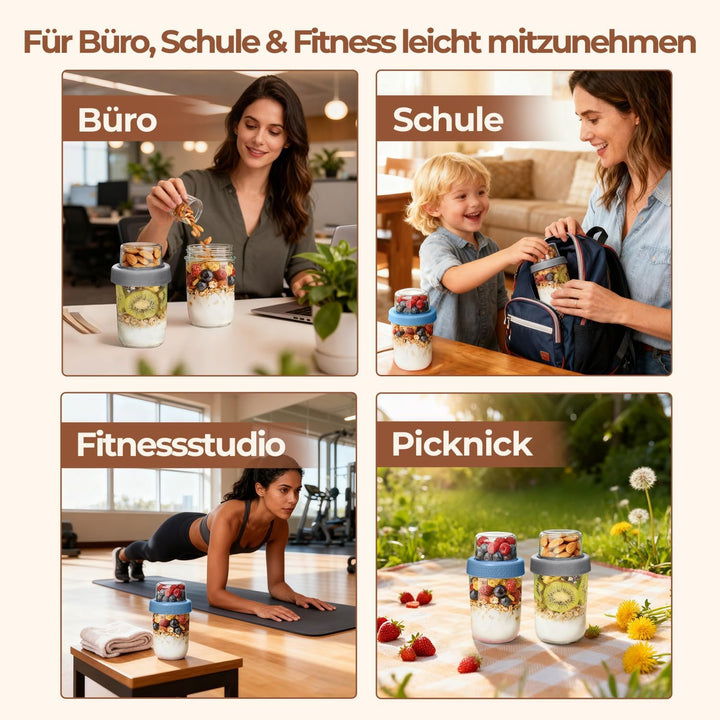 ComSaf Joghurtbecher to Go 2er Set, 480 ml Overnight Oats Gläser aus Glas mit 120 ml Topping-Fach, M