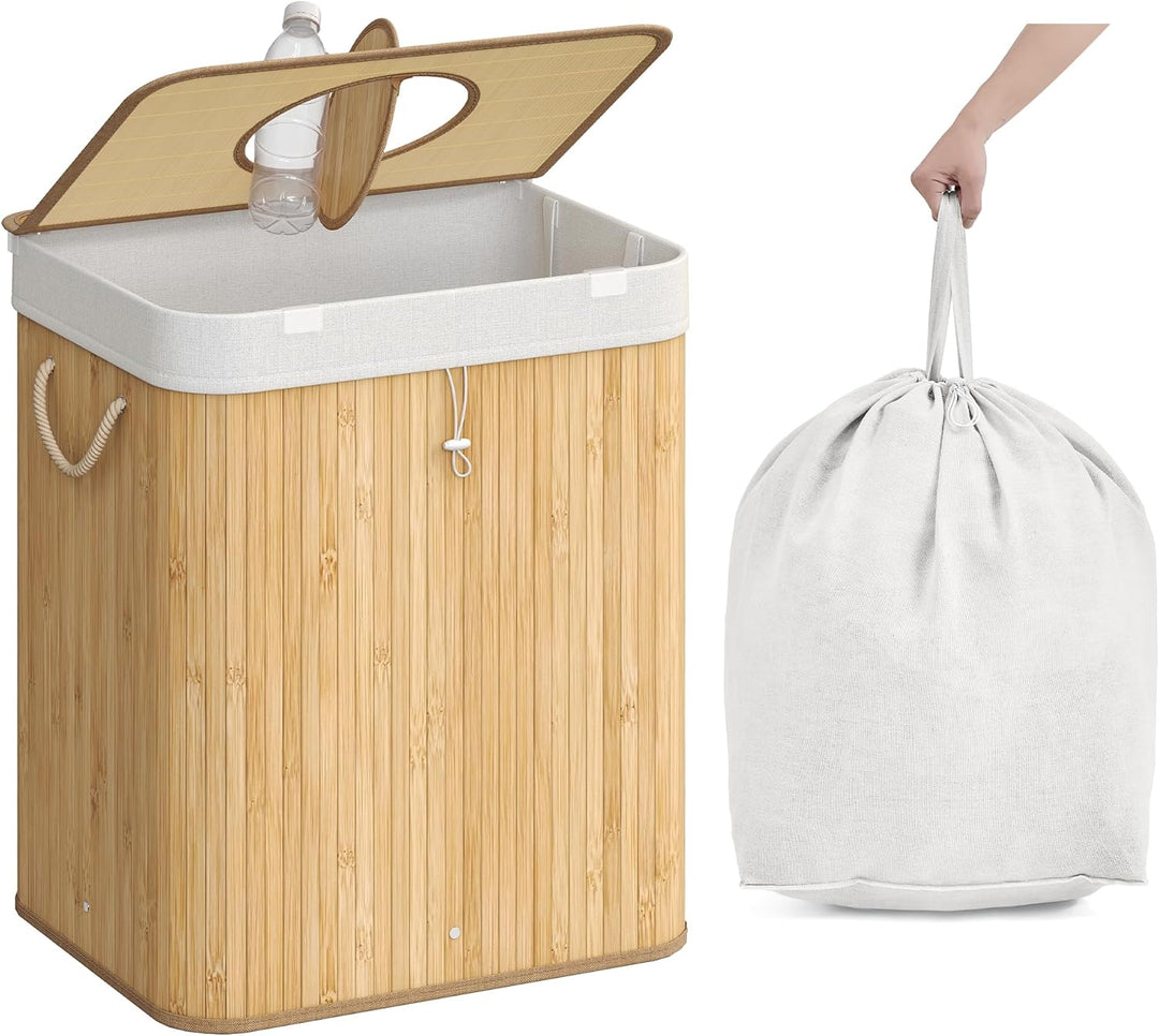 SONGMICS Pfandflaschen-Sammelbehälter, 95 L Pfandflaschen-Behälter, Bambus, Flaschensammler Leergut,