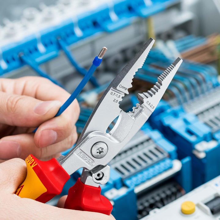 KNIPEX Elektro-Installationszange, VDE, Öffnungsfeder, Kabelschneiden, Abisolieren, Crimpen von Ader