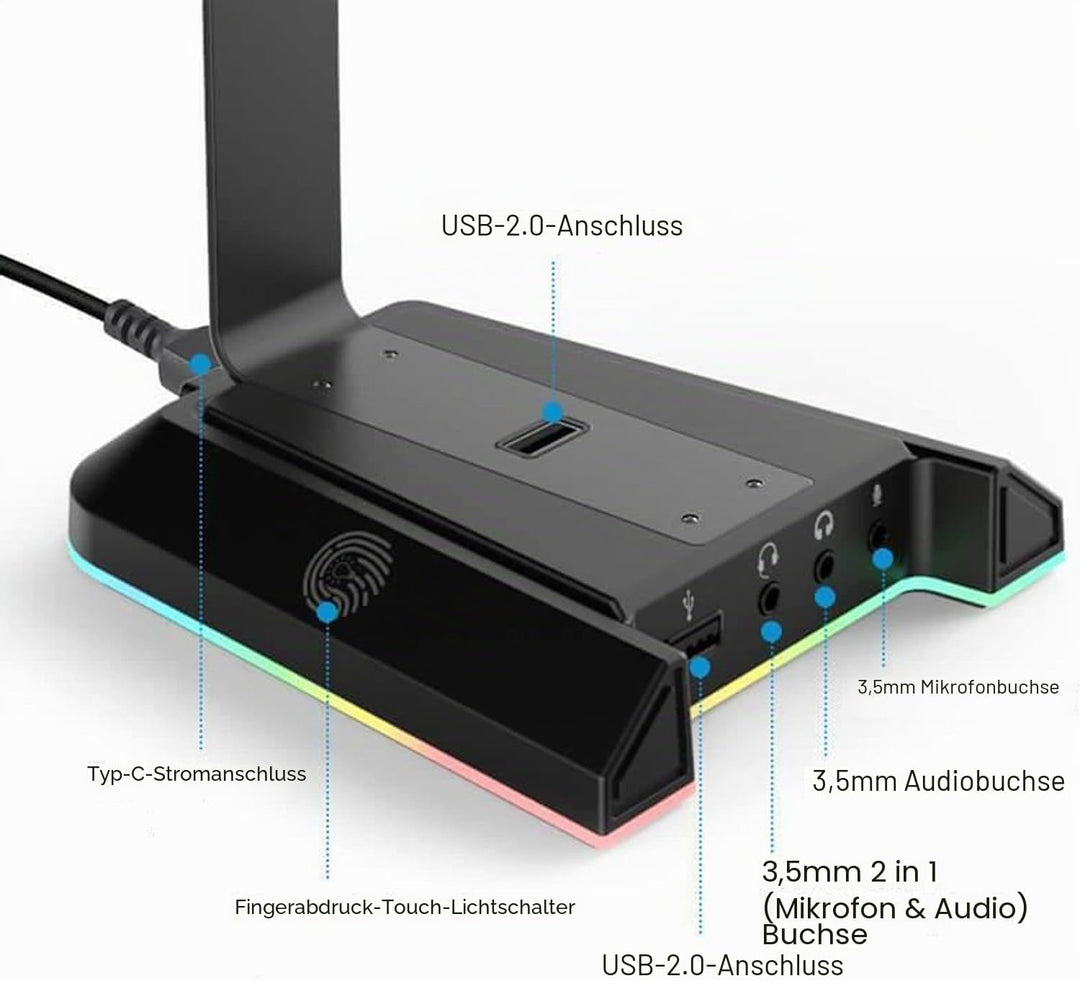 EKSA W1 Gaming Headset Ständer, Aluminium RGB Kopfhörer Halterung mit 7,1 Surround Sound, 2 USB Ansc