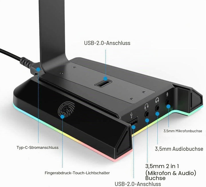 EKSA W1 Gaming Headset Ständer, Aluminium RGB Kopfhörer Halterung mit 7,1 Surround Sound, 2 USB Ansc