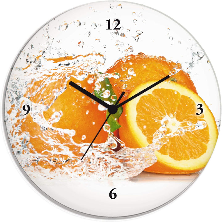 ARTLAND Wanduhr ohne Tickgeräusche Glas Quarzuhr Ø 30 cm Rund Lautlos Obst Früchte Orange im Wasser