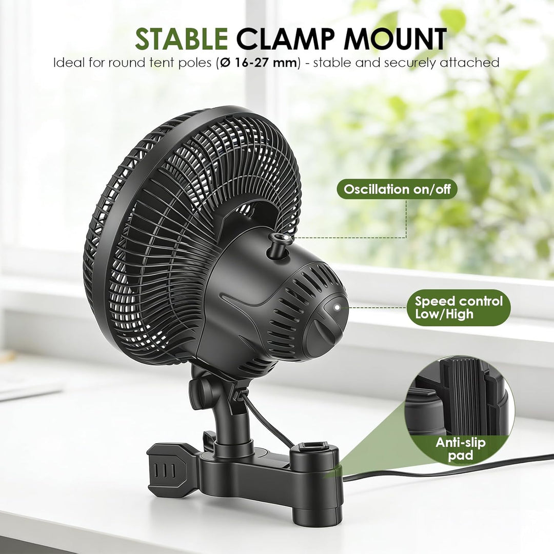 Grow Clip-Ventilator 25W, Oszillierender Klemmbar 22cm Durchmesser für Growzelt Growbox mit 1.5m lan