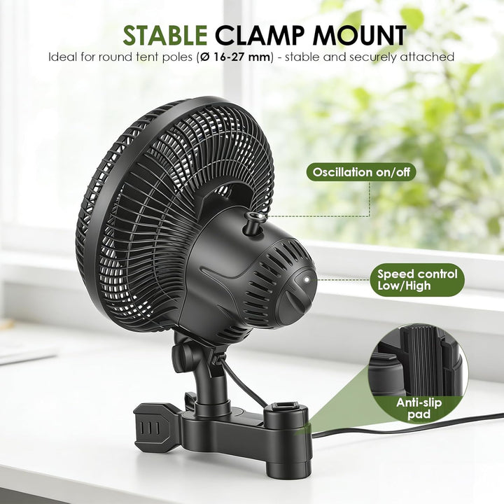 Grow Clip-Ventilator 25W, Oszillierender Klemmbar 22cm Durchmesser für Growzelt Growbox mit 1.5m lan