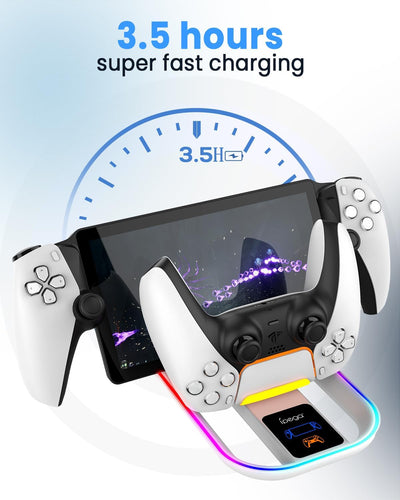 Ladestation für PS Portal und PS5 Controller,Tragbares Ladegerät mit RGB 14 Lichteffekt für PS Porta