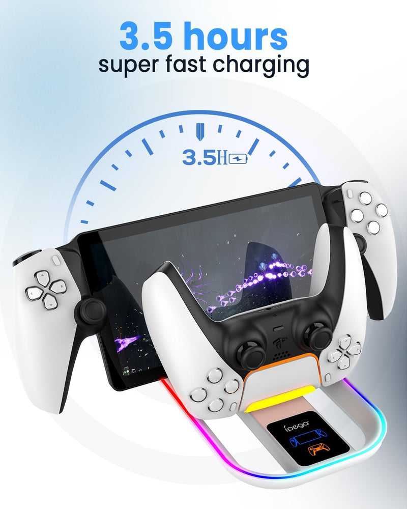 Ladestation für PS Portal und PS5 Controller,Tragbares Ladegerät mit RGB 14 Lichteffekt für PS Porta