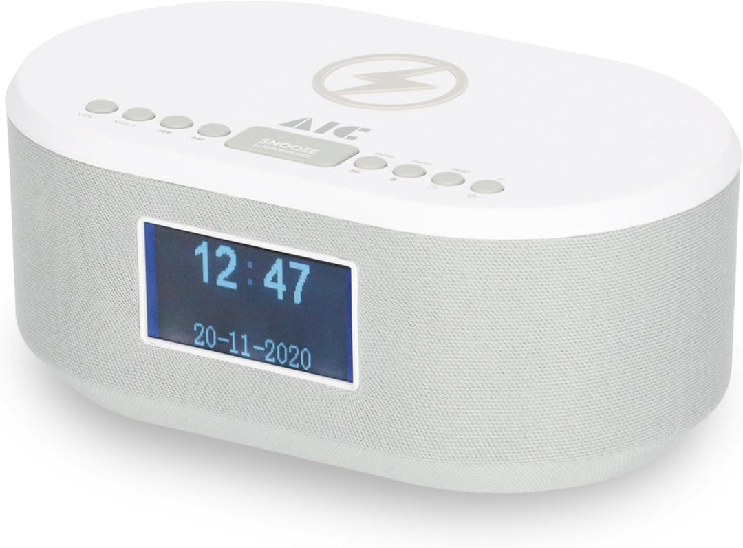 AIC Radiowecker DAB mit Ladefunktion Bluetooth QI Funktion USB Dual Alarm 18DAB Weiss