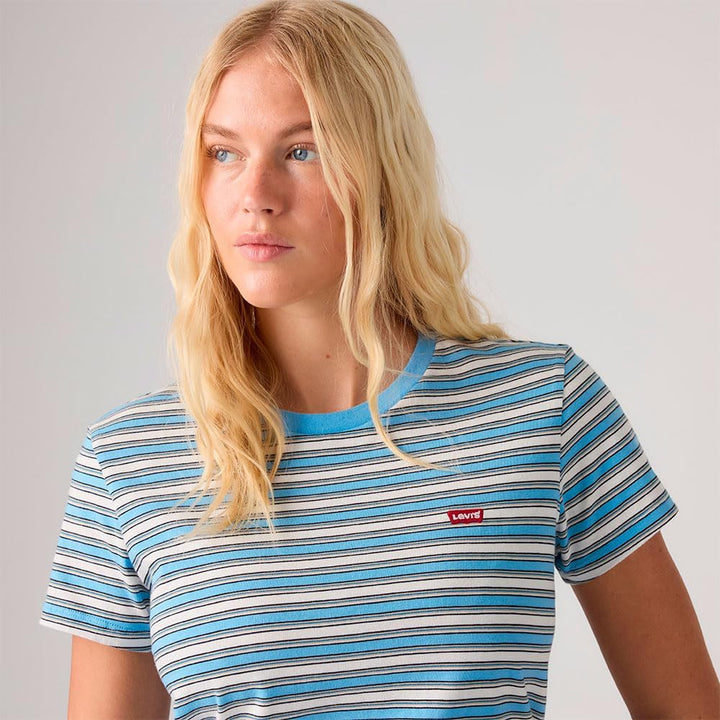 Levi's Damen The Perfect Tee T-Shirt, Striped Chesthit Logo S Pisces Stripe Alaskan Blue, S Pisces S