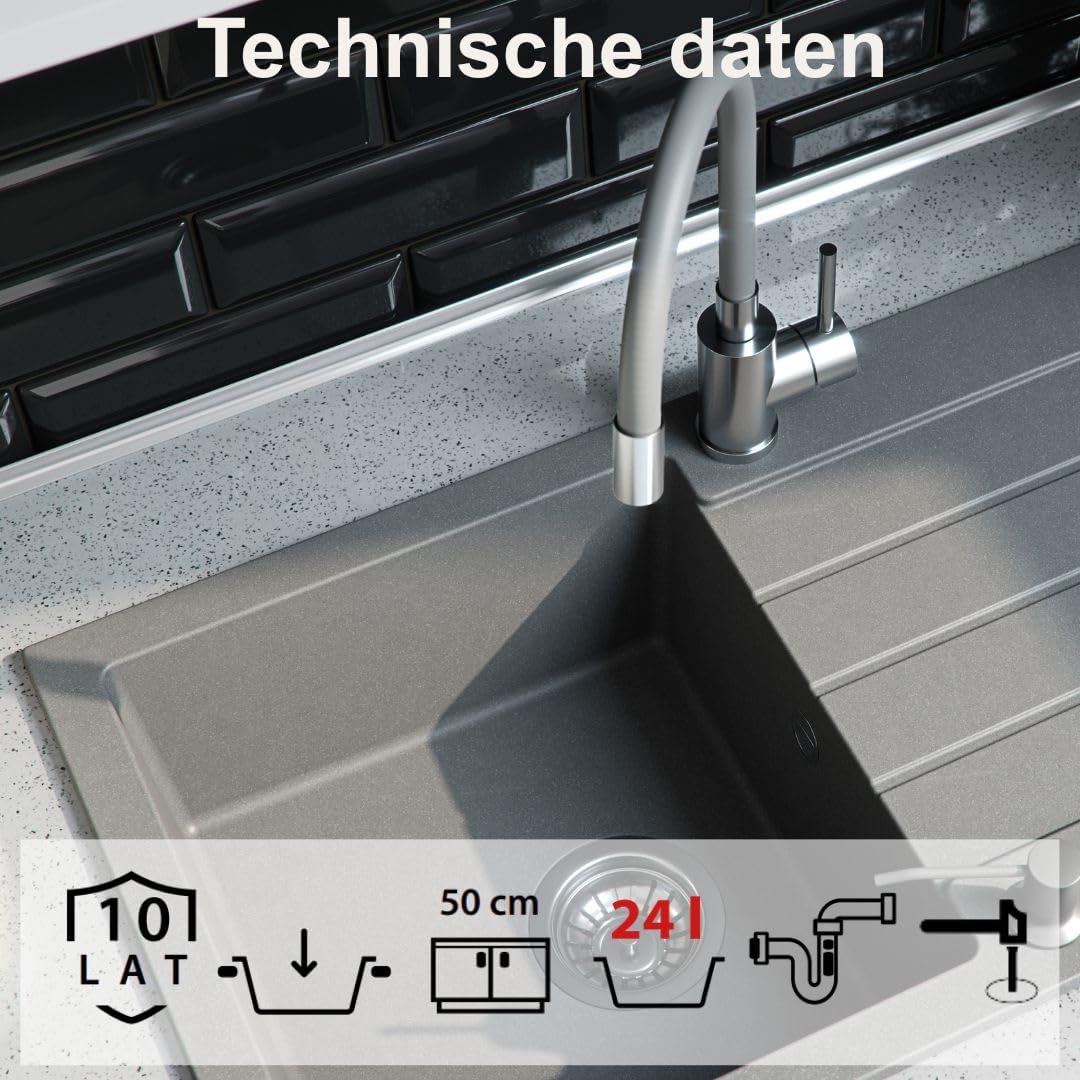 QUADRON Spülbecken Spüle Küche Granit | Grösse 77 x 44 x 18,5 cm, Beige & Stahl | JOHNNY 111 Granits