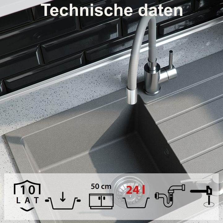 QUADRON Spülbecken Spüle Küche Granit | Grösse 77 x 44 x 18,5 cm, Grau & Stahl | JOHNNY 111 Granitsp