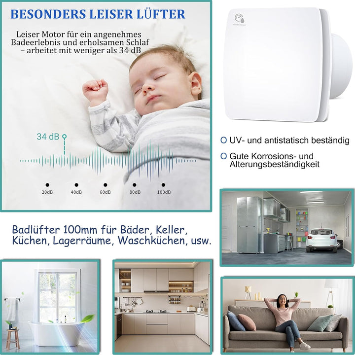 YIBONIKA Badlüfter 100mm mit Feuchtigkeitssensor & Nachlauf, ≤34db Leiser Abluftventilator mit Rücks