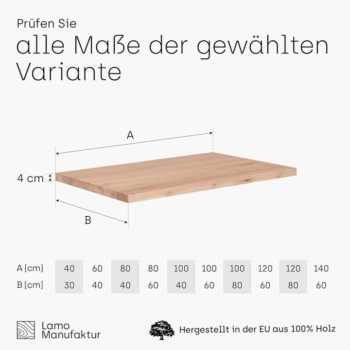 LAMO Manufaktur Massivholzplatte für Couchtisch Arbeitsplatte Küchenarbeitsplatte 80x40 cm, Roh, LHG